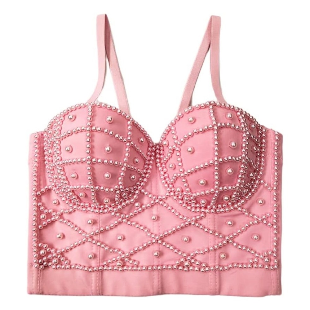 Ellacci Corset Pink Pearl Beaded Crop Top Bustier Corset Medium NWOT $37
